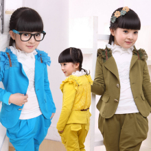 2014童装新款春装韩版女童西服套装秋装套装儿童长袖蕾丝小西服潮