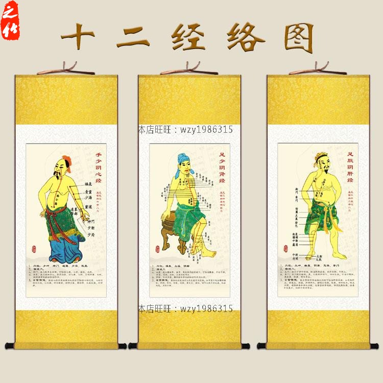 十二经络图挂画 经脉穴位卷轴画 中医诊所医院 丝绸装饰画 已装裱