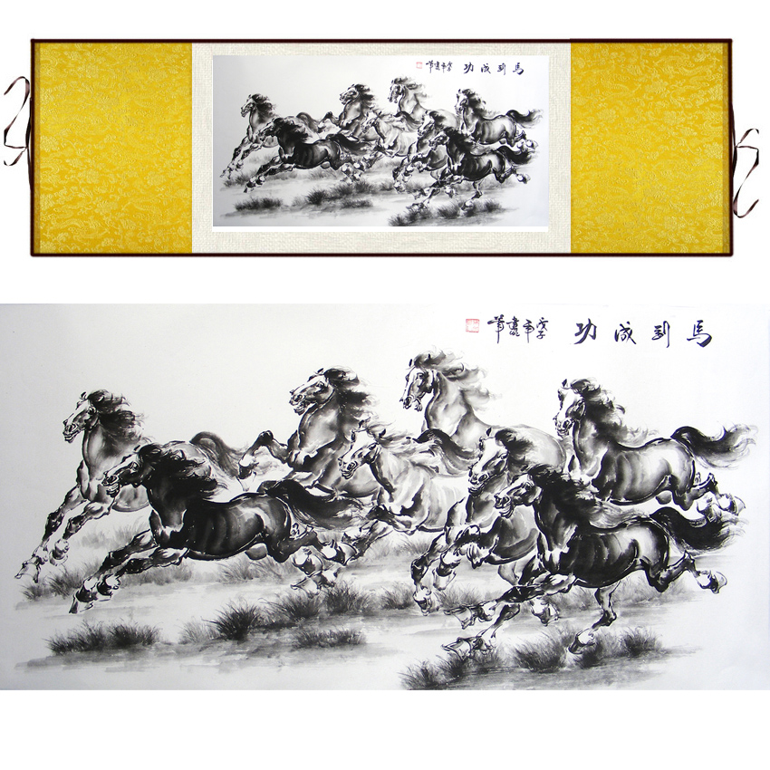 八骏图丝绸卷轴画 马到成功 骏马挂画 客厅 办公室装饰画已装裱