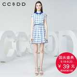 CCDD夏装女玻璃纱拼接烂花格印A字裙淑女连衣裙