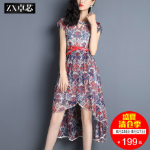 卓芯2017夏装新款重磅真丝印花连衣裙女夏修身显瘦不规则裙4767图片