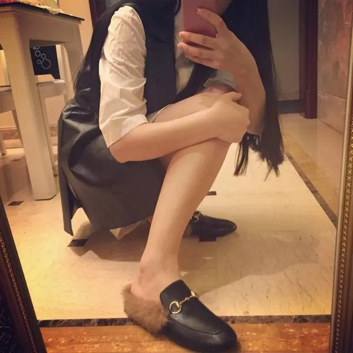 毛毛鞋女2016秋冬新款欧美方头女鞋加绒兔毛平跟单鞋平底豆豆鞋潮