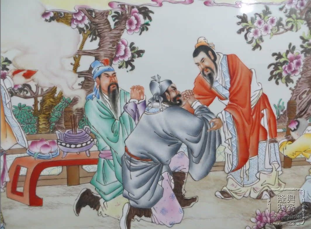 景德镇陶瓷瓷板画手绘仿古粉彩做旧桃园三结义大屏风实木框