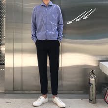 1CHEN /男士秋季一字领条纹特殊面料修身百搭免烫长袖衬衫衬衣男