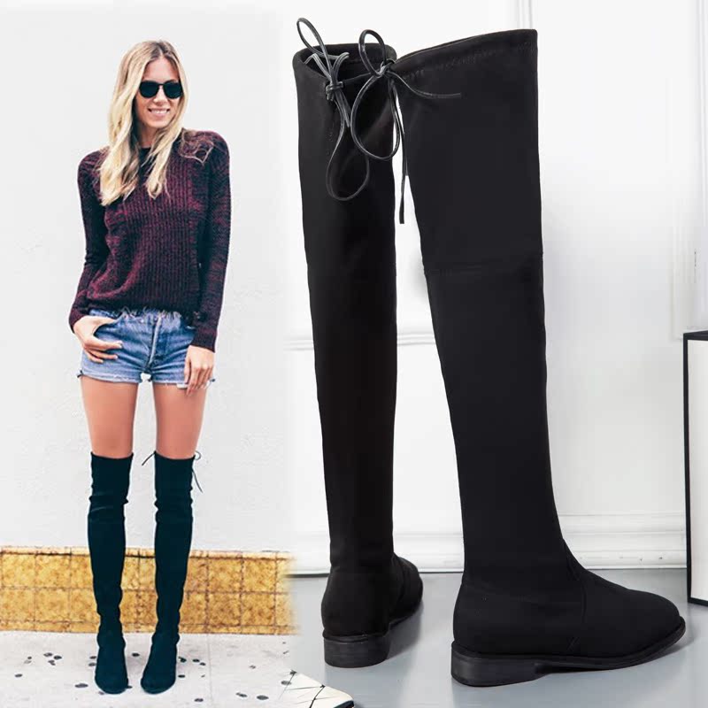 5050过膝长靴瘦腿弹力靴粗跟高筒靴真皮过膝