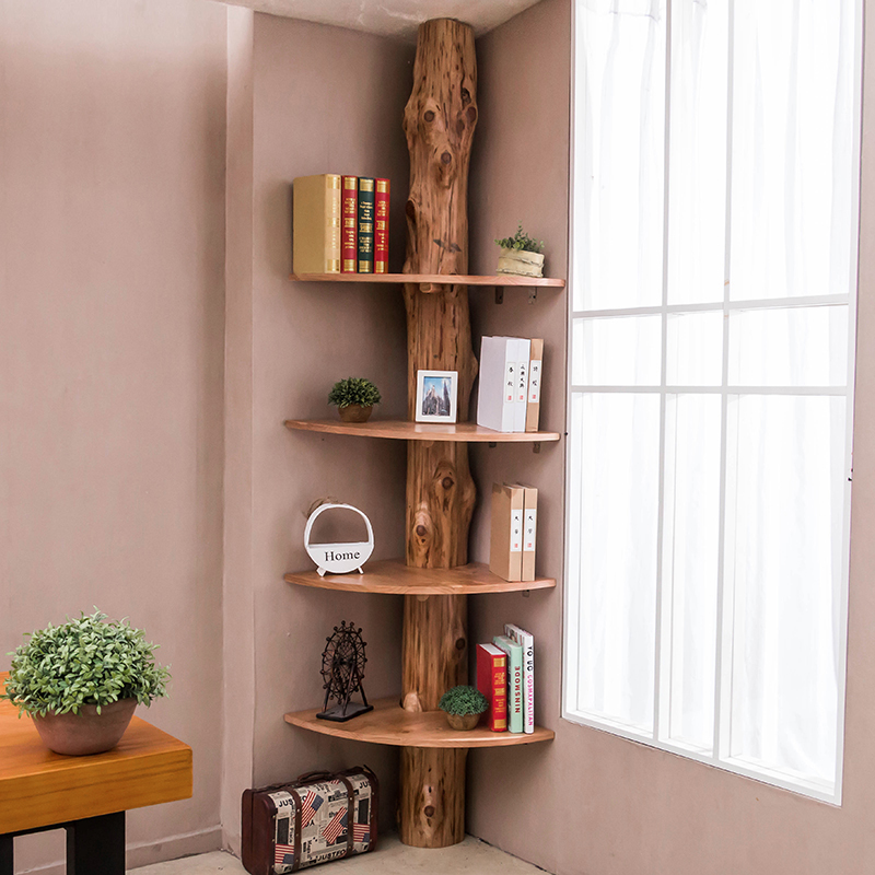 树形书架置物架实木书柜创意墙上简易小书架卧室落地多层展示柜