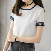 蕾丝拼接女上衣宽松显瘦百搭小衫 加大码 短袖 2017夏季胖妹妹雪纺衫