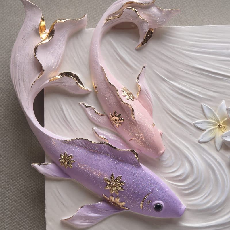 福雕家饰九鱼图爱美的鱼新中式壁画3d浮雕立体墙画三联客厅装饰画