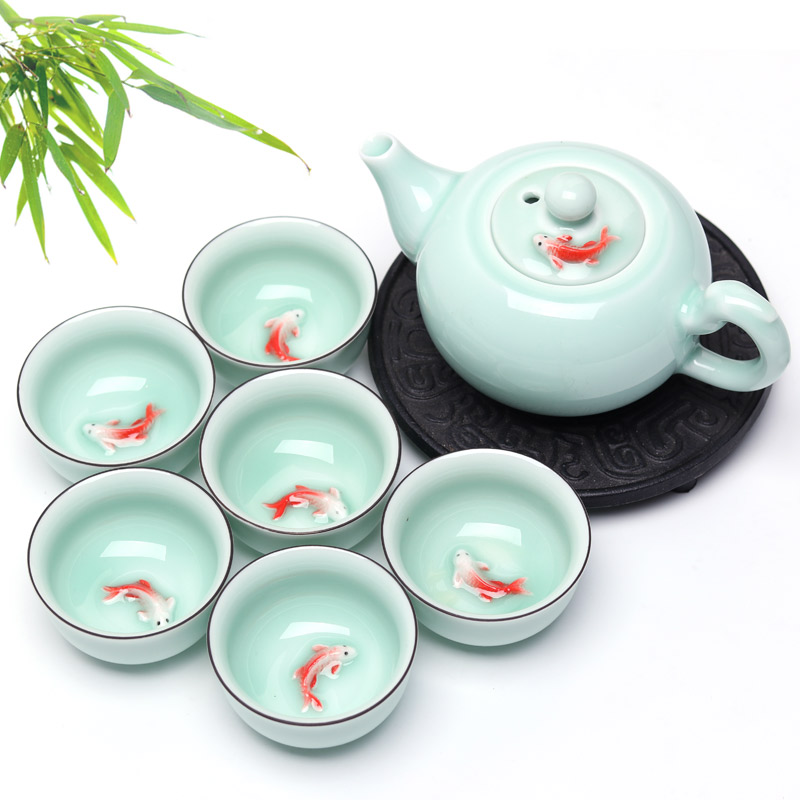 青瓷茶具套装整套茶具鱼杯功夫陶瓷中杯茶具特价包邮logo定制礼品