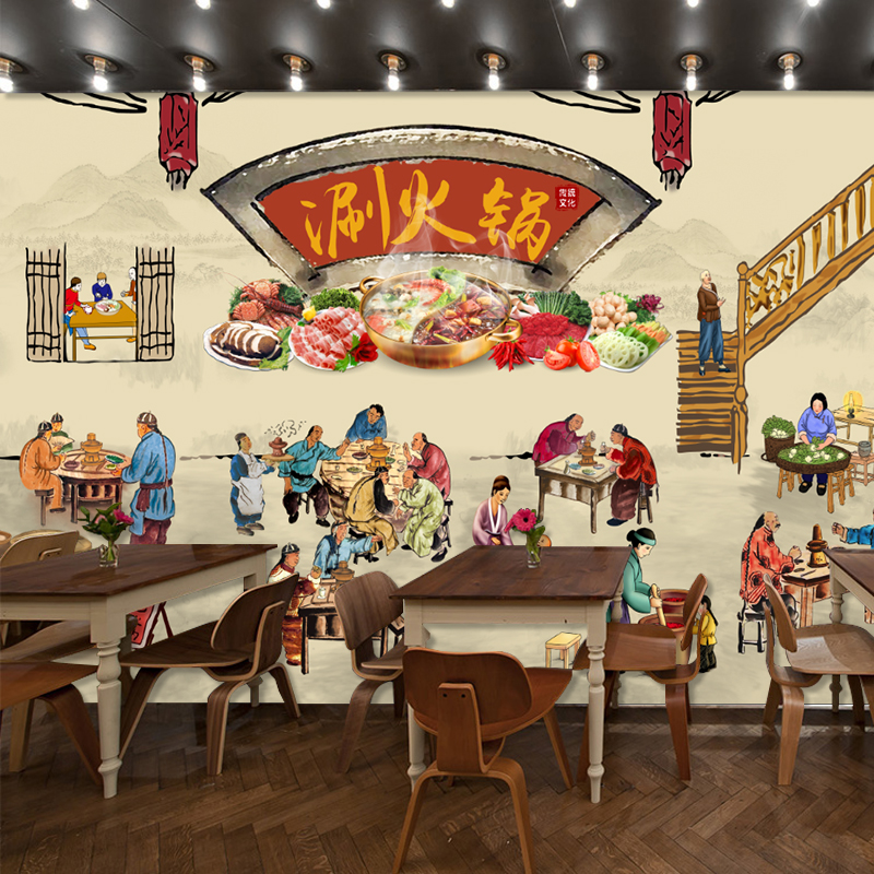 3d复古怀旧烤鱼壁画烧烤店火锅店小龙虾壁纸餐厅饭店背景墙纸涂鸦