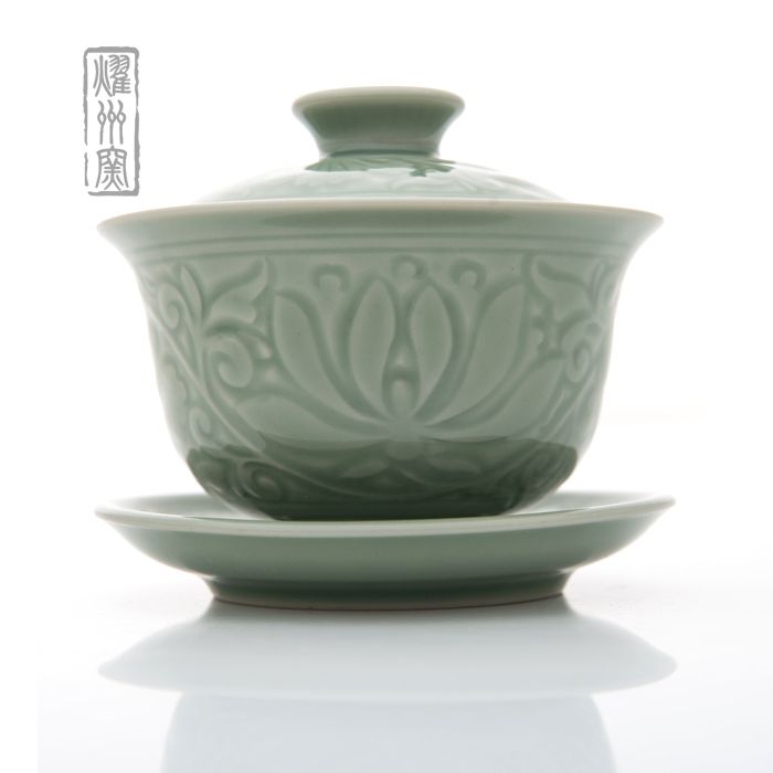 耀州窑青瓷刻花 大盖碗茶杯套装 陶瓷釉仿古 三才碗茶具套装