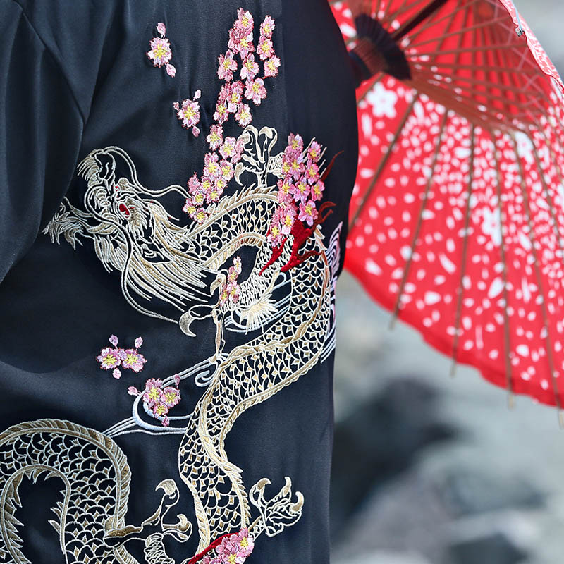 春装 和风日系和服开衫 樱花龙图案刺绣外套中长款宽松 情侣装 潮