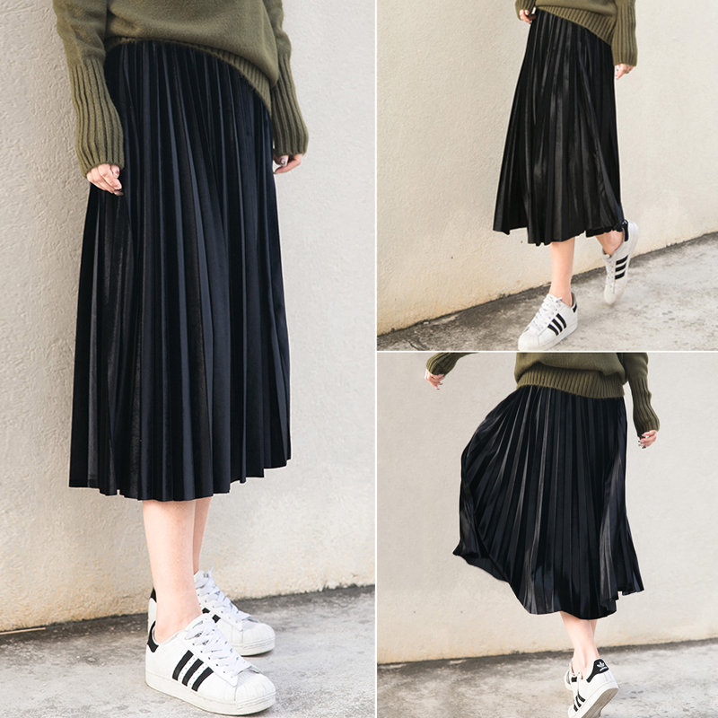 加大码女装半身裙女长裙200斤胖mm秋冬季显瘦金属色百褶裙中裙子