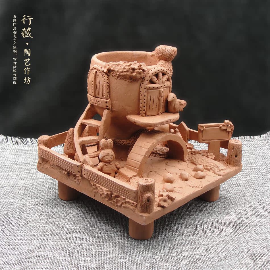 行藏陶艺 定制韩式手绘花盆diy素盆 粗陶素烧盆 泥塑创意手作捏制