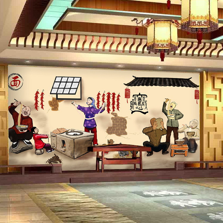 云南过桥米线店装修墙纸复古中式米粉兰州拉面馆餐厅背景墙壁纸