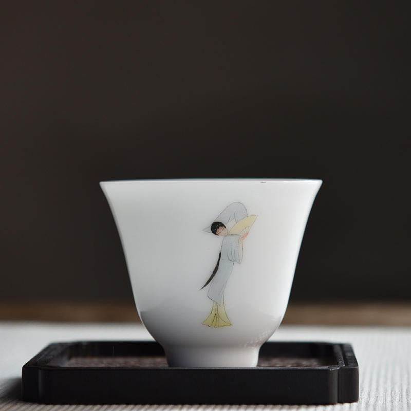 故由景德镇功夫茶具手绘侍女玉瓷白瓷品茗杯普洱杯主人杯