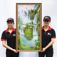 玄关装 饰画山水画竖版过道风景油画手绘挂画走廊聚宝盆办公 绘扬