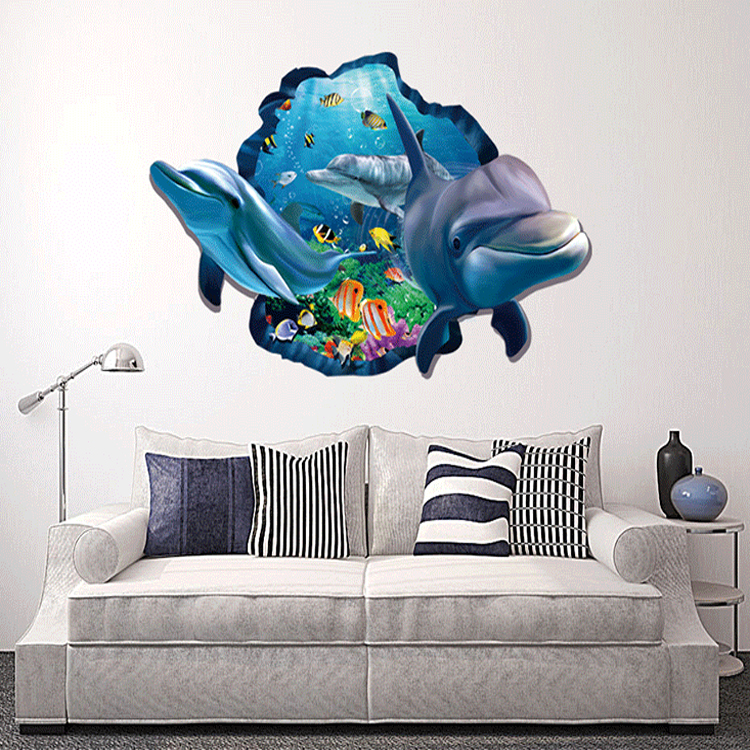 新款海豚3d立体墙贴 客厅电视背景墙壁贴纸创意装饰海洋贴画卡通