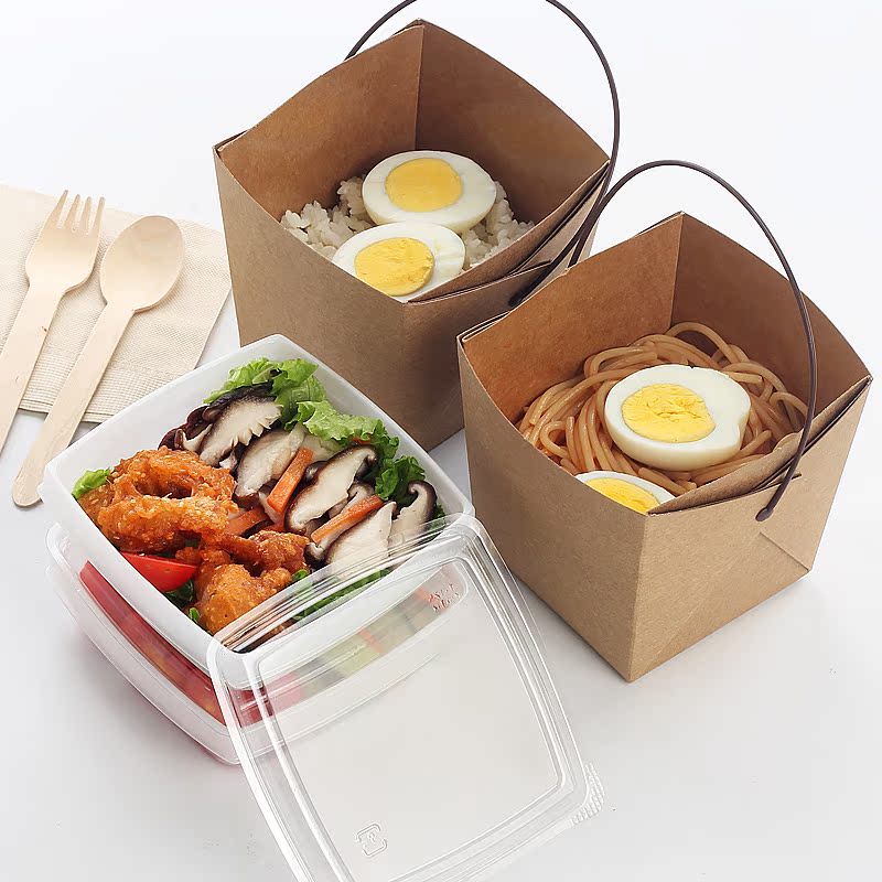 牛皮纸手提餐盒食品包装盒一次性外卖打包盒面条意面盒便当盒