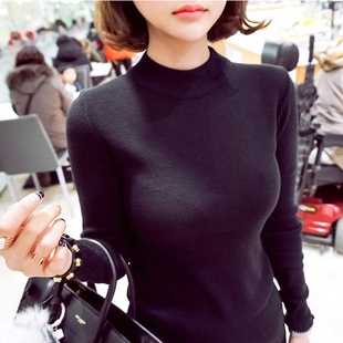 韩版秋冬新品女装黑色打底衫半高领毛衣女套头修身紧身长袖针织衫