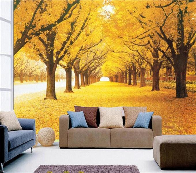3d立体壁画黄金大道金色树林电视背景墙纸客厅沙发无缝无纺布壁纸
