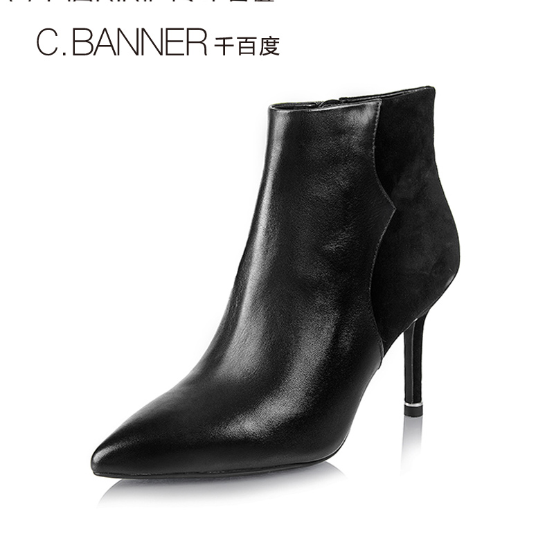 A6560804冬新品雅致拼接尖头细高跟女靴短靴2016千百度C.BANNER