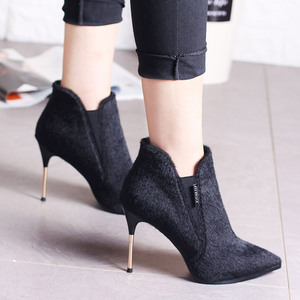 马毛尖头细跟踝靴