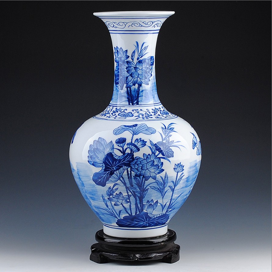 景德镇陶瓷器 青花瓷荷花花瓶摆设 中式现代时尚家饰品工艺品摆件