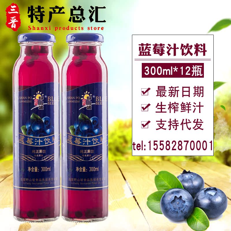 包邮 山西特产吕梁野山坡生榨蓝莓汁300ml*12瓶 蓝莓果汁饮料