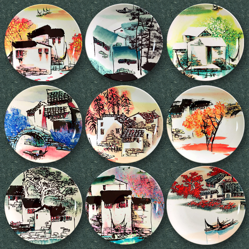 中国风彩绘江南风景画 精美陶瓷盘装饰盘挂盘 客厅背景墙装饰挂件