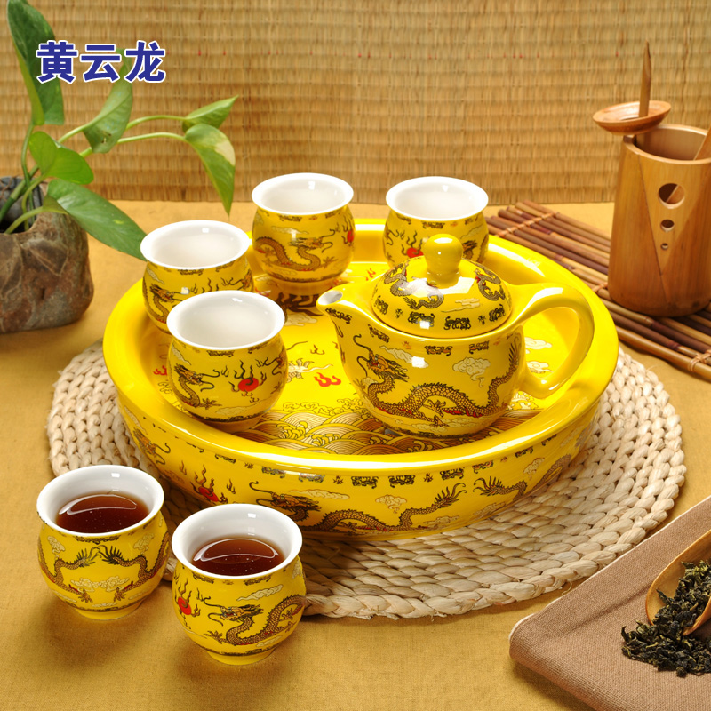 茗茶 双层杯功夫茶具景德镇 整套青花瓷礼品陶瓷茶具圆形茶盘特价