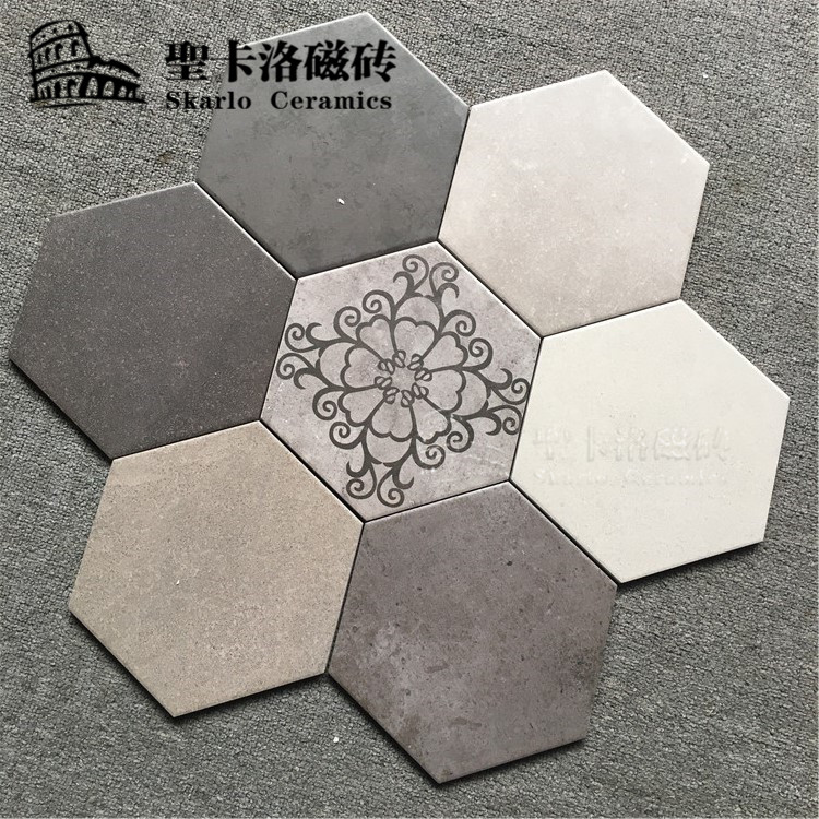 六角砖仿古花纹水泥灰做旧复古瓷砖墙面砖地面砖大小六边形异形砖