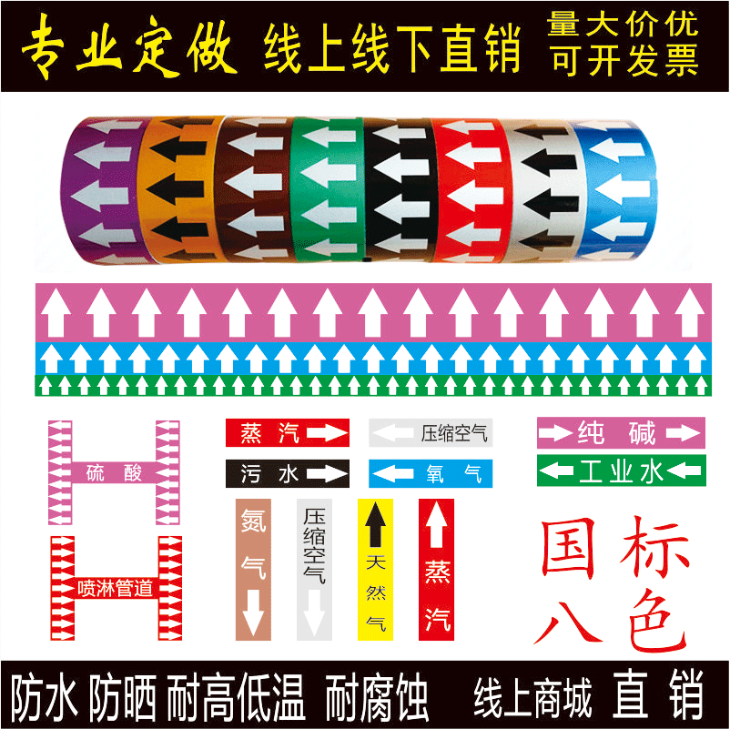 国标反光膜管道标识贴箭头流向标签色环介质不干胶消防贴纸定做