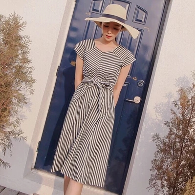 2014韩版夏季新款经典黑白格子雪纺长裙淑女