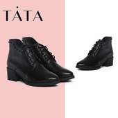 他她冬牛皮通勤风铆钉绑带粗跟女短靴2Q947DD6 Tata