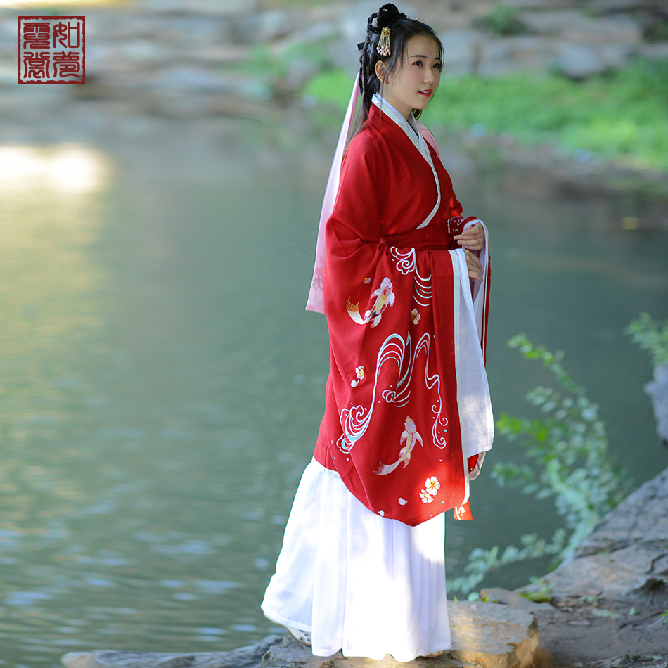 [如梦霓裳]汉服女装 曲裾[湘江静(一]原创设计锦鲤刺绣花夏季棉麻