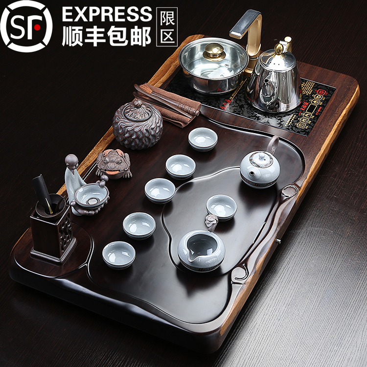 大号高档整块黑檀实木茶盘整套办公功夫茶具紫砂套装四合一电热炉