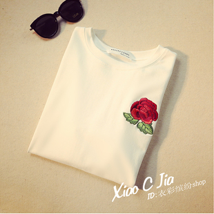 2016夏韩版新款设计胸口手工刺绣牡丹花卷边