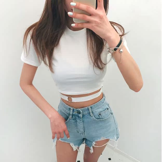 夏季修身短袖上衣女短款露肚脐腰带铁环健身运动显瘦打底t恤圆领