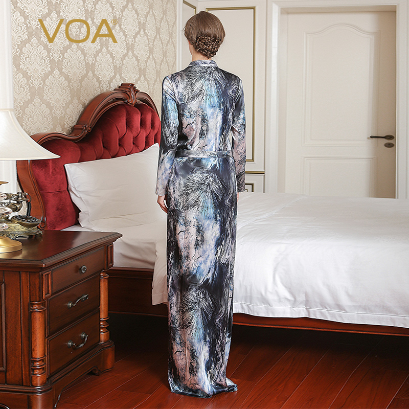VOA 古青色印花和服领暗扣腰带腹褶层叠斜门