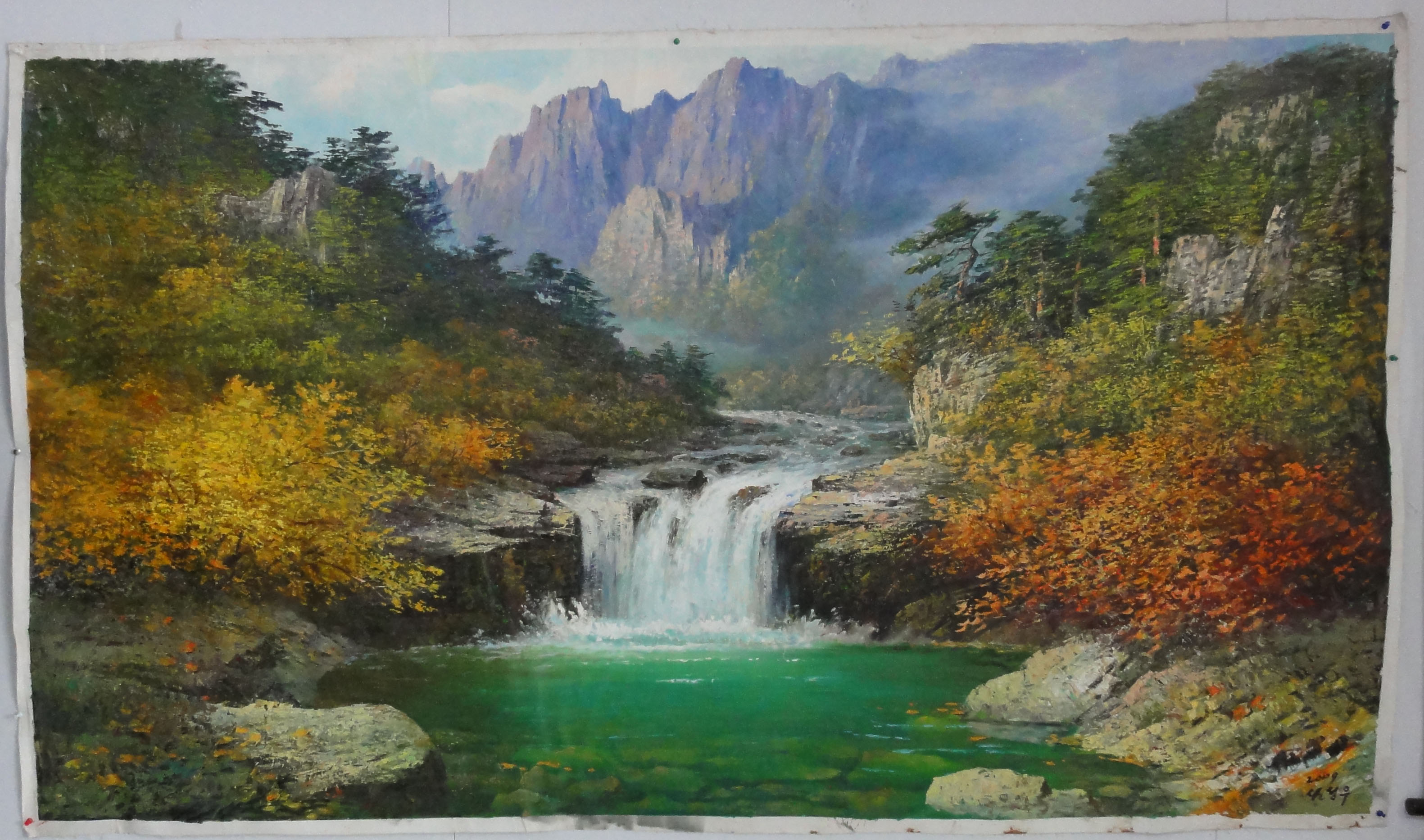 纯手绘朝鲜油画,山水风景画,墙画壁画