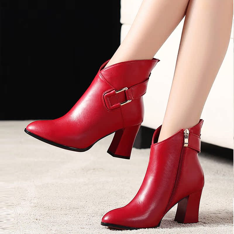 品牌秋冬季女鞋高跟真皮尖头红色短靴子婚鞋粗跟马丁靴女靴英伦风