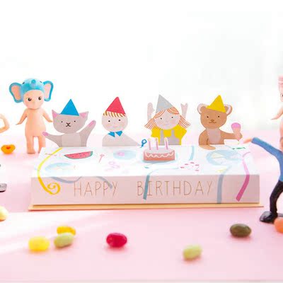 小伙伴生日立体贺卡 可爱小动物生日卡片 桌面立体祝福卡留言卡
