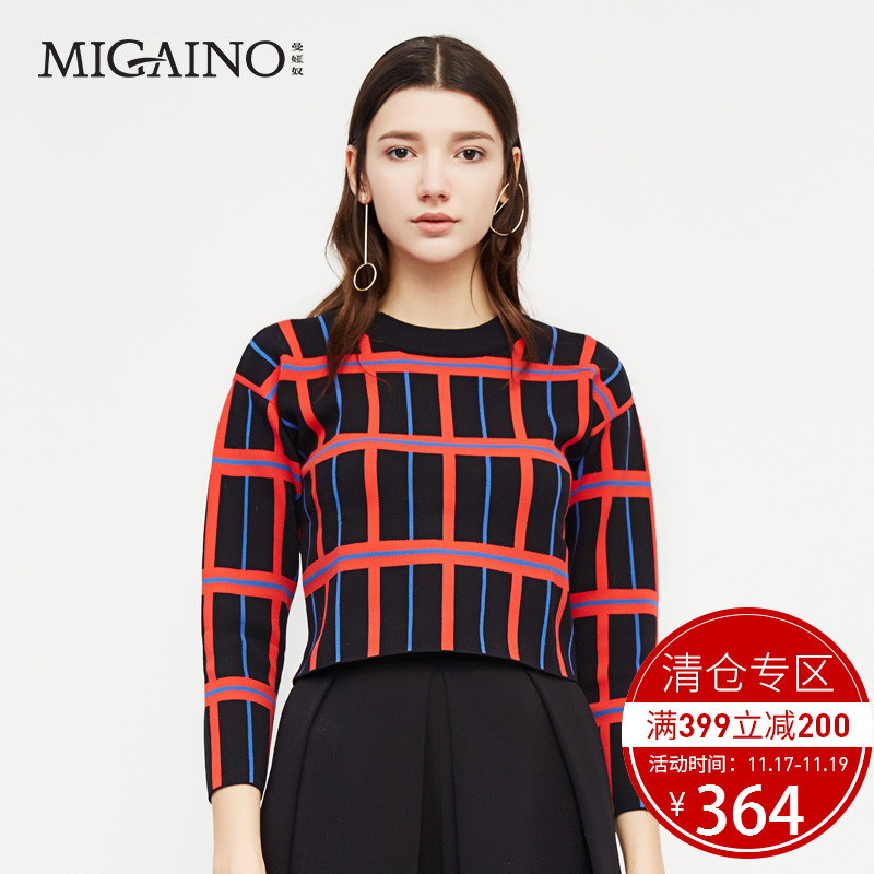 曼娅奴商场同款时尚女装修身格子针织衫套头圆领毛衣MF4WH056