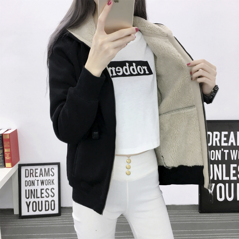 冬季羊羔绒加厚加绒卫衣女连帽拉链开衫韩版宽松大码保暖运动外套