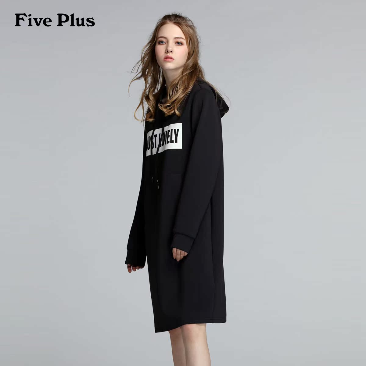 five plus2017新品女冬装字母宽松卫衣式长袖连衣裙2jm3083790