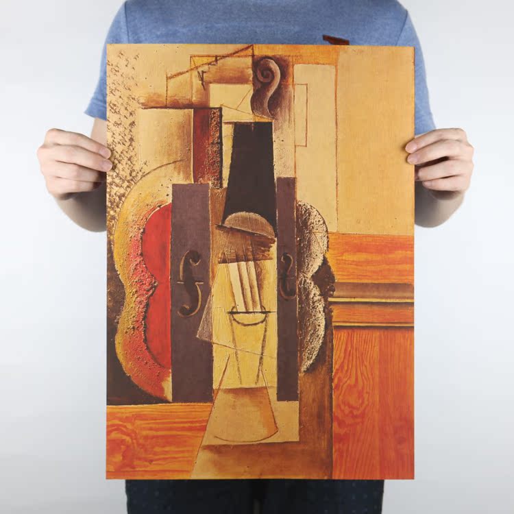 毕加索世界名画抽象油画小提琴吉他酒瓶复古海报客厅沙发装饰三联