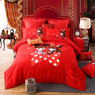 家纺婚庆刺绣四件套床上用品大红结婚四件套床品1.8m童话2.0m