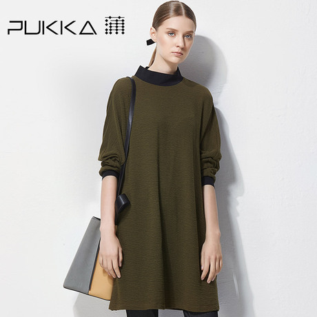 Pukka/蒲牌秋装新款原创设计大码女装肌理棉纯色长袖连衣裙商品大图