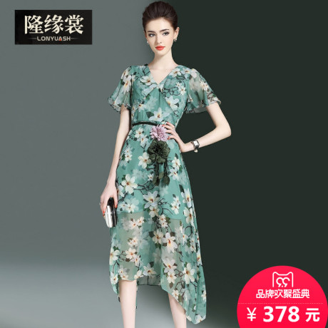 隆缘裳2017夏季新品时尚荷叶袖印花大摆裙系带修身真丝连衣裙6297商品大图